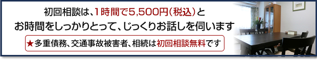 初回相談は、1時間で5,500円とお時間をしっかりとって、じっくりお話を伺います。★多重債務、交通事故被害者、相続は初回相談無料です。